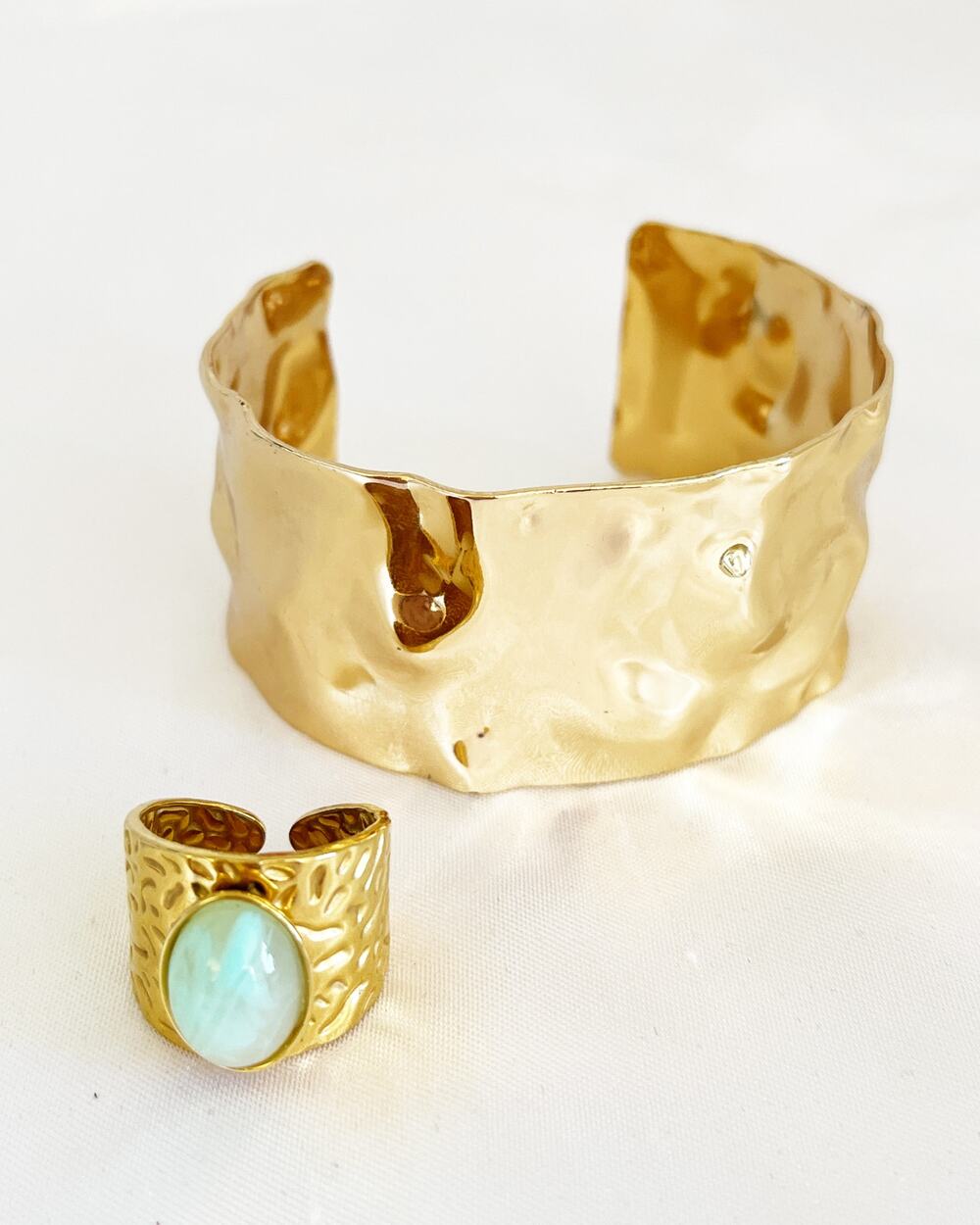 CUFF BRACELET RING Polished Gold Plated Brass Cuff Bracelet Band Ring Oval Stone